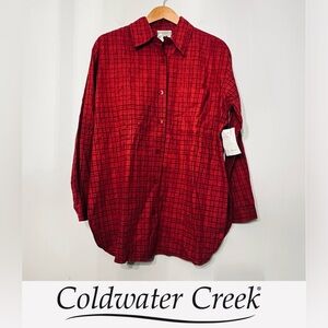 Coldwater Creek Oversized Tunic Shirt Plaid‎ Button Down Linen Cotton NWT S/M